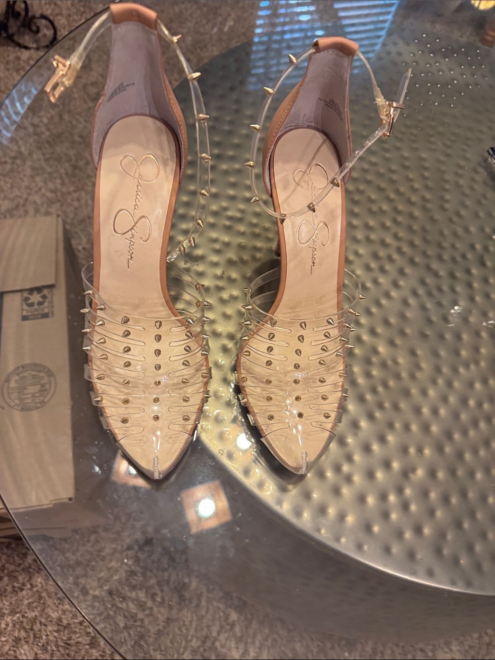 Jessica Simpson Nude Clear Pointed Spike Ankle Strap Heels Size 9M / 40